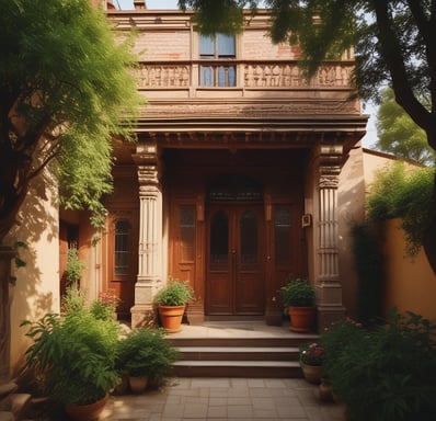 A multi-story house with intricate architectural details, featuring steep, pointed roofs and multiple windows. A large blue banner with white text 'For Sale Exclusivity' partially covers the front of the building. The structure is surrounded by lush green trees.