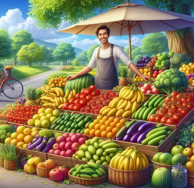 a man standing in front of a display of fruits and vegetables