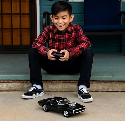 niño jugando con un carro Dodge a control remoto