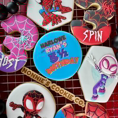 spidey and friends cookies, spin cookies, ghost cookies, birthday cookies, 