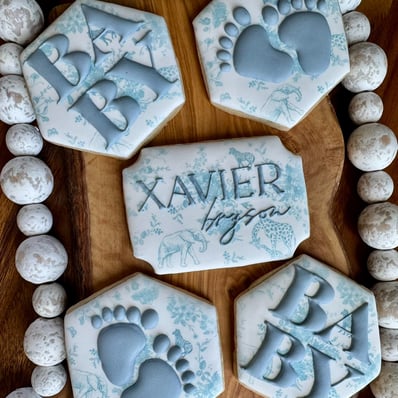 baby shower cookies, toile de jouy cookies