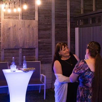 Two ladies talking in a Redland Bay backyard beside an LED glow dry bar at a vowel renewal Redlands.