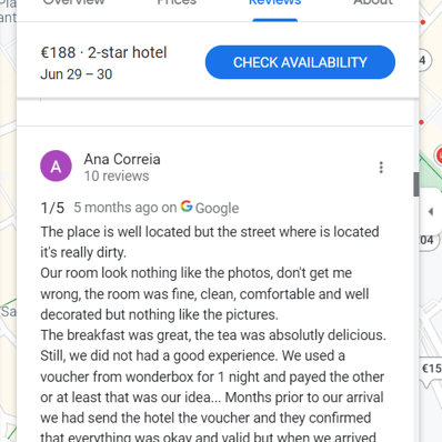 Example of a misleading 1 star bad review of a hotel that actually praises the hotel but doesn't like one thing.