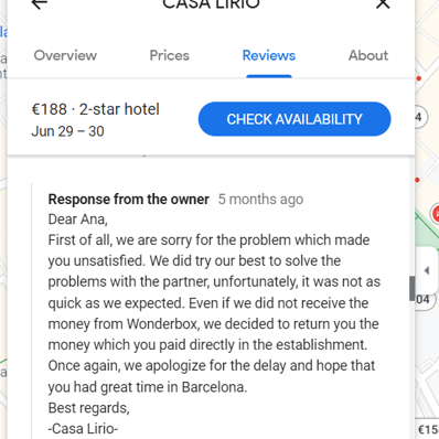 An example of a good hotel owner response with a resolution  to a complaint 