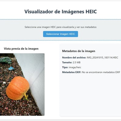 Interfaz del visualizador de fotos HEIC generado por Claude. Se muestra una foto de una calabaza.