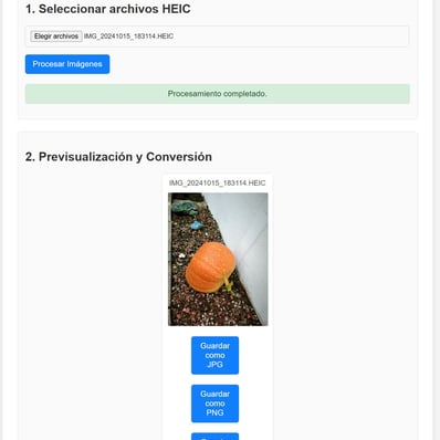 Interfaz del visualizador de fotos HEIC generado por Gemini. Se muestra una foto de una calabaza.
