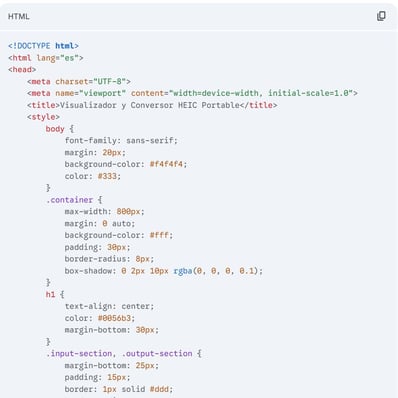 Extracto de código HTML generado por Gemini para el visualizador de imágenes HEIC.