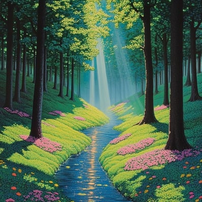 Serene surreal sunlit forest scene