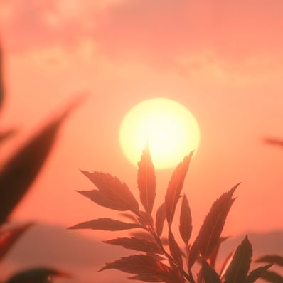 Glowing sunset with leaves