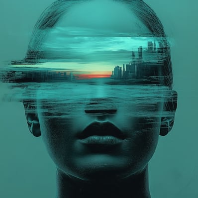 Surreal image of a woman's head and a city