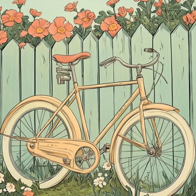 a vintage bicycle with fence and flowers
