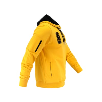 Yellow side hoodie on invisible mannequin
