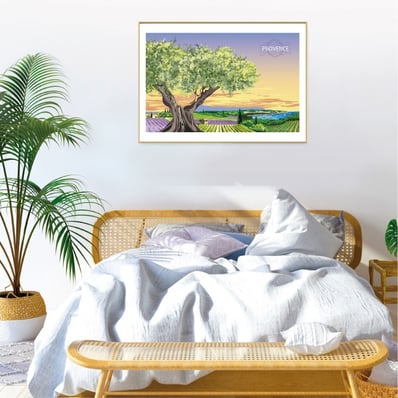 Affiche d'un panorama de Provence exposé au dessus d'un lit.