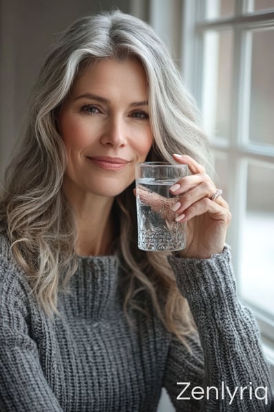 smiling mature woman holding a glass of water, promoting joint health and vitality
