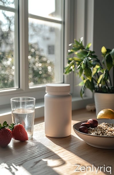 bright kitchen with a glass of water and supplements, evoking a joint-friendly morning routine