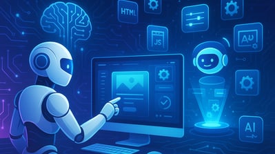 "AI robot designing a website interface with coding tools, automation