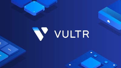 a blue and white vultr logo with a blue background