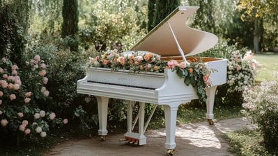 Nuestro elegante piano de cola blanco perla, importado de Inglaterra