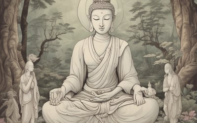 a buddha statue sitting in a tree with a bird on it