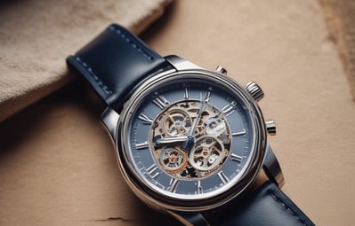 A close-up of a luxury wristwatch with a black dial featuring silver hour markers and hands. The watch has a visible mechanism, showcasing its automatic movement. Brand name is visible on the upper part of the dial, with a small sub-dial displaying seconds at the bottom.