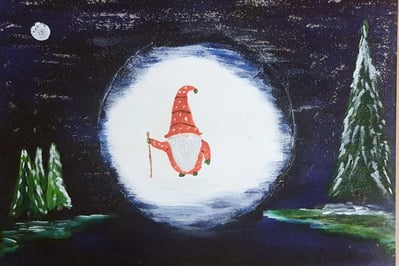 Gnome & sapins. Bois 30x21cm. 30€.