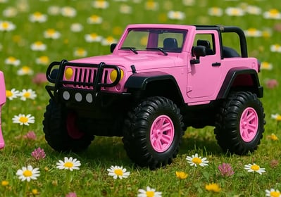 Jeep rosa a control remoto en campo de flores