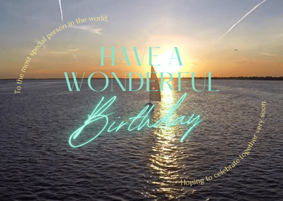 a beautiful sunset and a boat over a sea with a happy birthday message