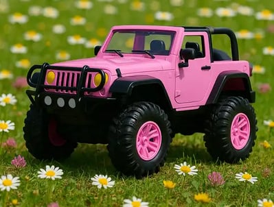 Jeep rosa a control remoto en campo de flores