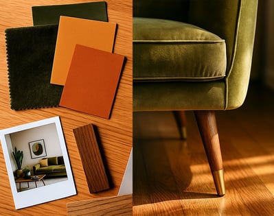 Mid-Century mood board with fabric, color cards, wood samples, and olive green sofa leg close-up.
