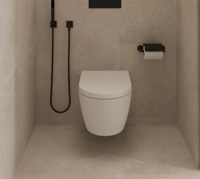 Wall-mounted toilet, bidet, and toilet paper holder in a beige bathroom.