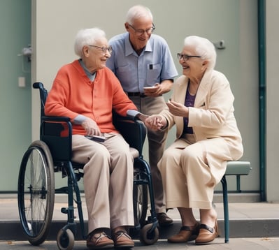 Two modern glass door elevators are illuminated with warm lighting, situated at the top of a short flight of stone steps. The steps are flanked by curved metal railings leading to the elevators. The building’s exterior is covered in vertical concrete panels, adding a textured appearance. A red fire equipment box is visible on the wall to the left.