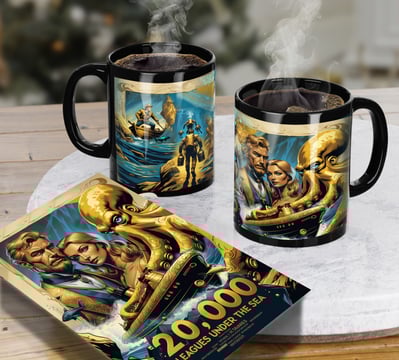 Two illustrated mugs and a blue-and-gold poster inspired by 20,000 Leagues Under the Sea, original