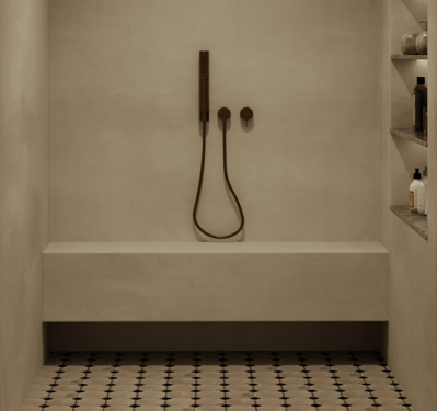 Minimalist shower area with shelves and a handheld showerhead.