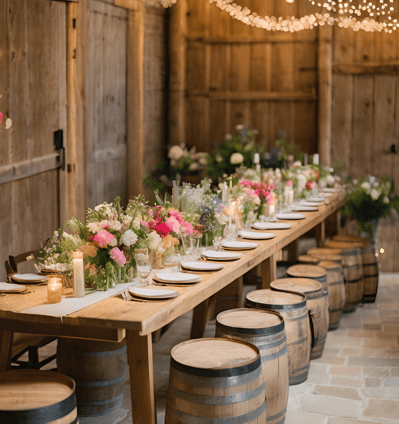 Mariage rustique, décor rustique avec palette en bois, tonneaux décoratifs, fleurs de saison