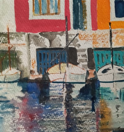 a painting of a boat in the water