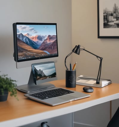 a laptop computer monitor and a laptop on a desk