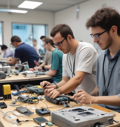 A workbench is cluttered with technology repair tools and disassembled electronic devices. Multiple laptops are open, and an overhead lamp provides focused lighting on the workspace. A backpack sits at the back, amidst a disarray of tools such as screwdrivers, a utility knife, and an organized box of small components. Various pieces of electronic hardware and circuit boards are spread out on the table.