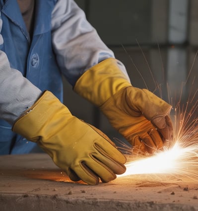 A person wearing a helmet and safety gear is standing in an industrial or construction-like setting. They are looking at a mobile device, possibly for work-related purposes. Around them are sheets or fabric drapes hanging, with cables and construction materials scattered on the concrete ground.