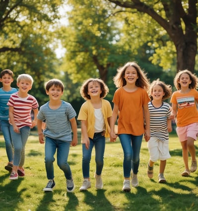 A line of children's clothes hanging on a clothesline outdoors. The dresses are in olive green, cream, and red colors, gently swaying in the breeze. The background features a clear blue sky with fluffy clouds and some green foliage.