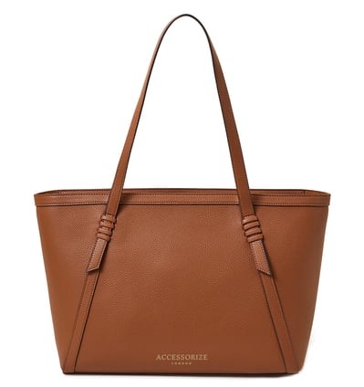 a brown leather tote bag with a tan leather tote bag