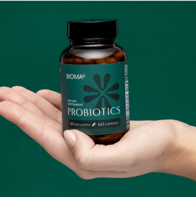 Bioma Probiotics supplement bottle for gut health and digestive wellness