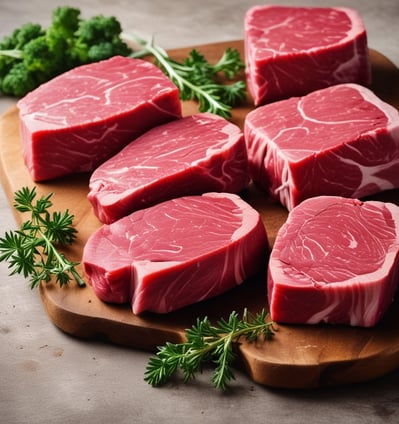 Various cuts of meat are displayed in a refrigerated section, including yearling minute steak and lamb roasts. The meat is placed on trays, with some pieces wrapped in plastic. Price tags are visible, indicating the cost per kilogram.