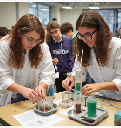 two students in lab coats doing experiments in a science classroom laboratory