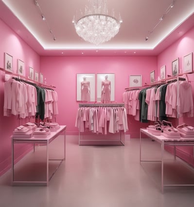 A modern clothing store with glass walls displaying a variety of garments on racks. There are mannequins positioned near the entrance dressed in different outfits. The store has bright lighting and a spacious tiled floor.