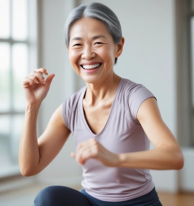 An older adult woman with long gray hair exercises on a large, dark-colored treadmill, dressed in gray activewear and white sneakers.