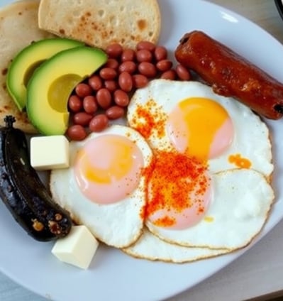 a plate of food with eggs, sausages, and beans