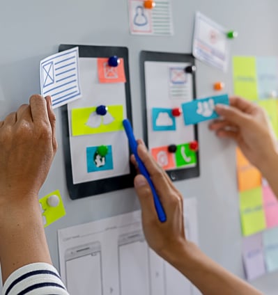 A whiteboard with people managing website content and social media for local and national businesses