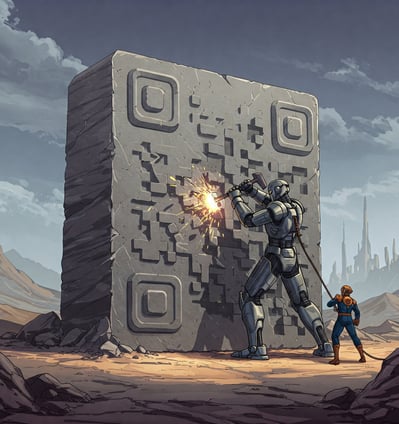 Robot humanoide gigante tallando en piedra un código QR.