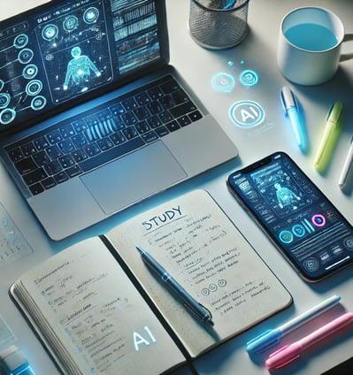 Espacio de trabajo moderno con laptop, cuaderno y smartphone sobre escritorio.