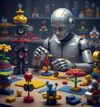 Robot humanoide construyendo objetos extraños con piezas de lego.